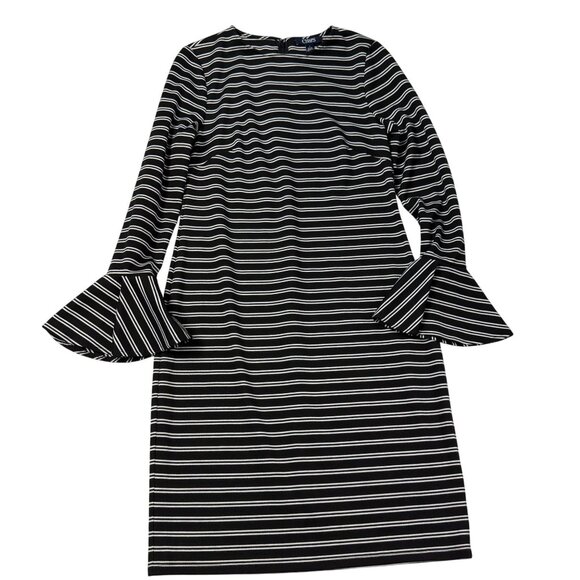 Size 6 Chaps Black White Stripe Ponte Knit Sheath Dress Flared Bell Sleeve - Picture 4 of 10